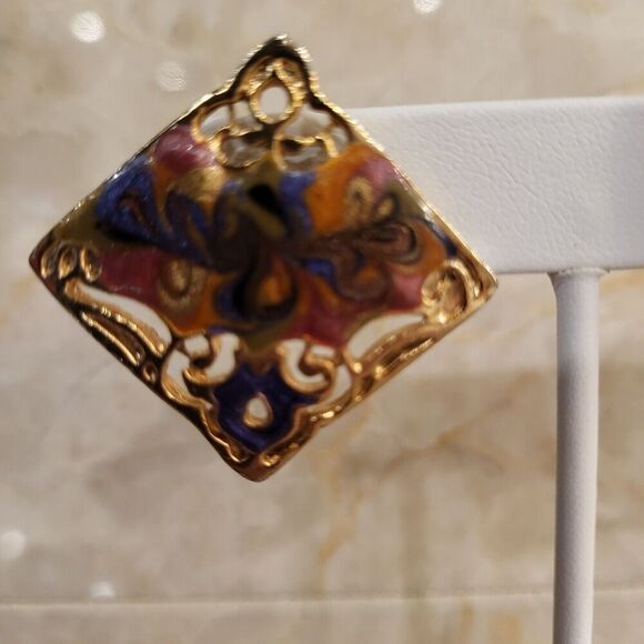 Pierced Earrings Enamel Surface Push Pin 1" square Vintage Style Stamped USA - Picture 4 of 12